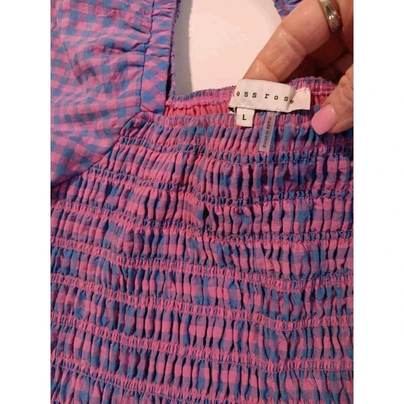 Pink & Blue Bubble Puff Sleeve Gingham Stretchy Crop Blouse Boho Peasant Hippie - Picture 6 of 6